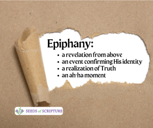 Epiphany is defined as a revelation from above, an event that confirms Jesus' identity, a realization of Truth, or an ah-ha moment